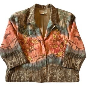 Nancy Bolen Silk Embroidered Jacket Petite XL Y2K Boho Floral Artsy Blazer